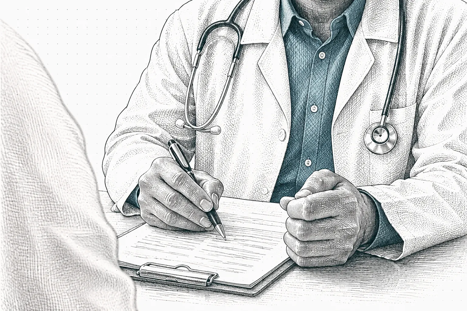 A doctor in a white coat writing on a clipboard across a desk from a patient