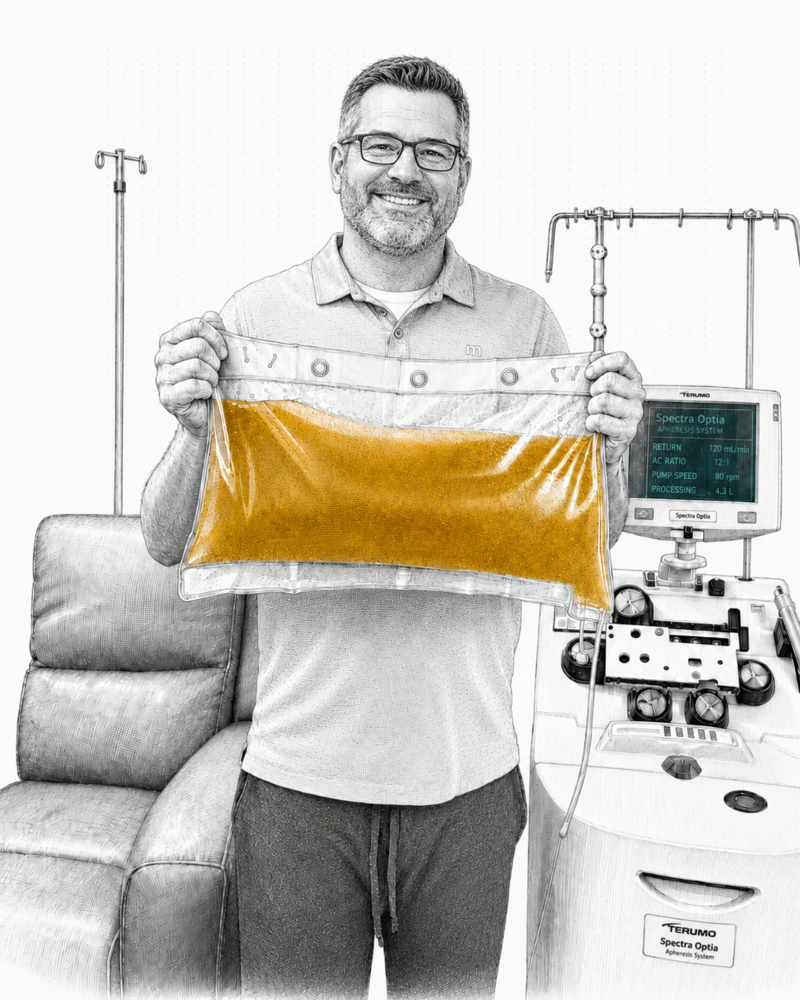 A man standing beside an apheresis machine holding up a bag of his removed amber plasma