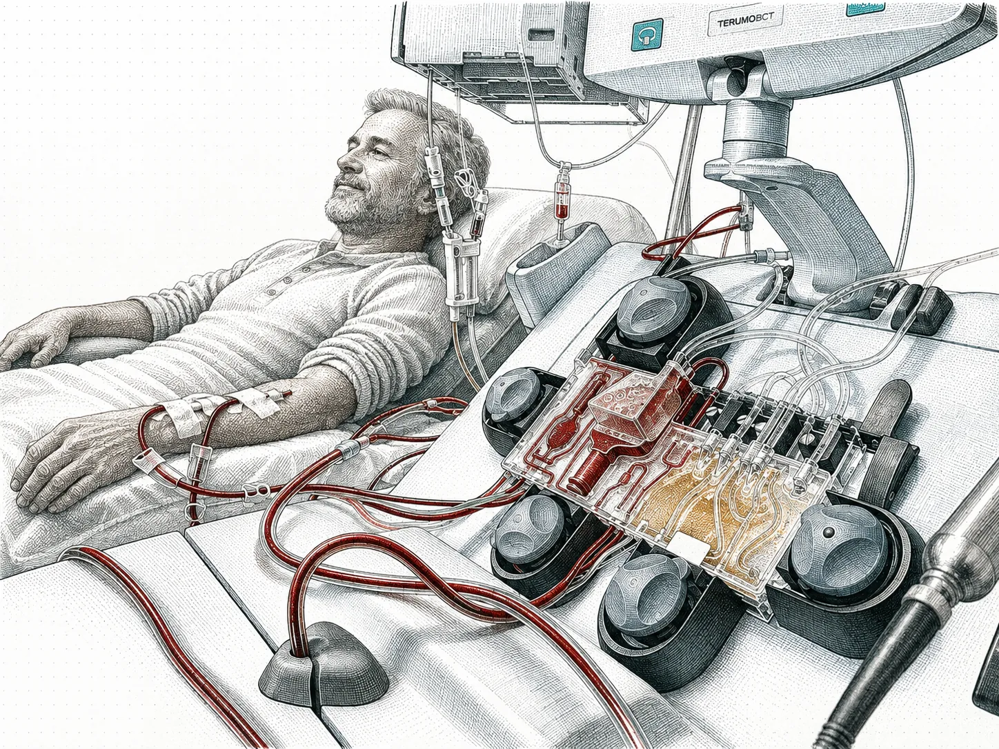 A man reclining in a treatment chair while an apheresis machine draws and returns his blood through tubing