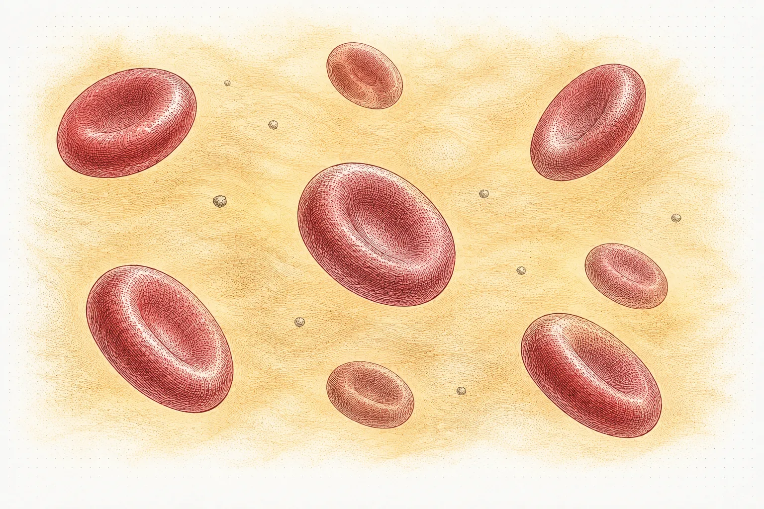 Red blood cells drawn as flattened discs floating in pale amber plasma