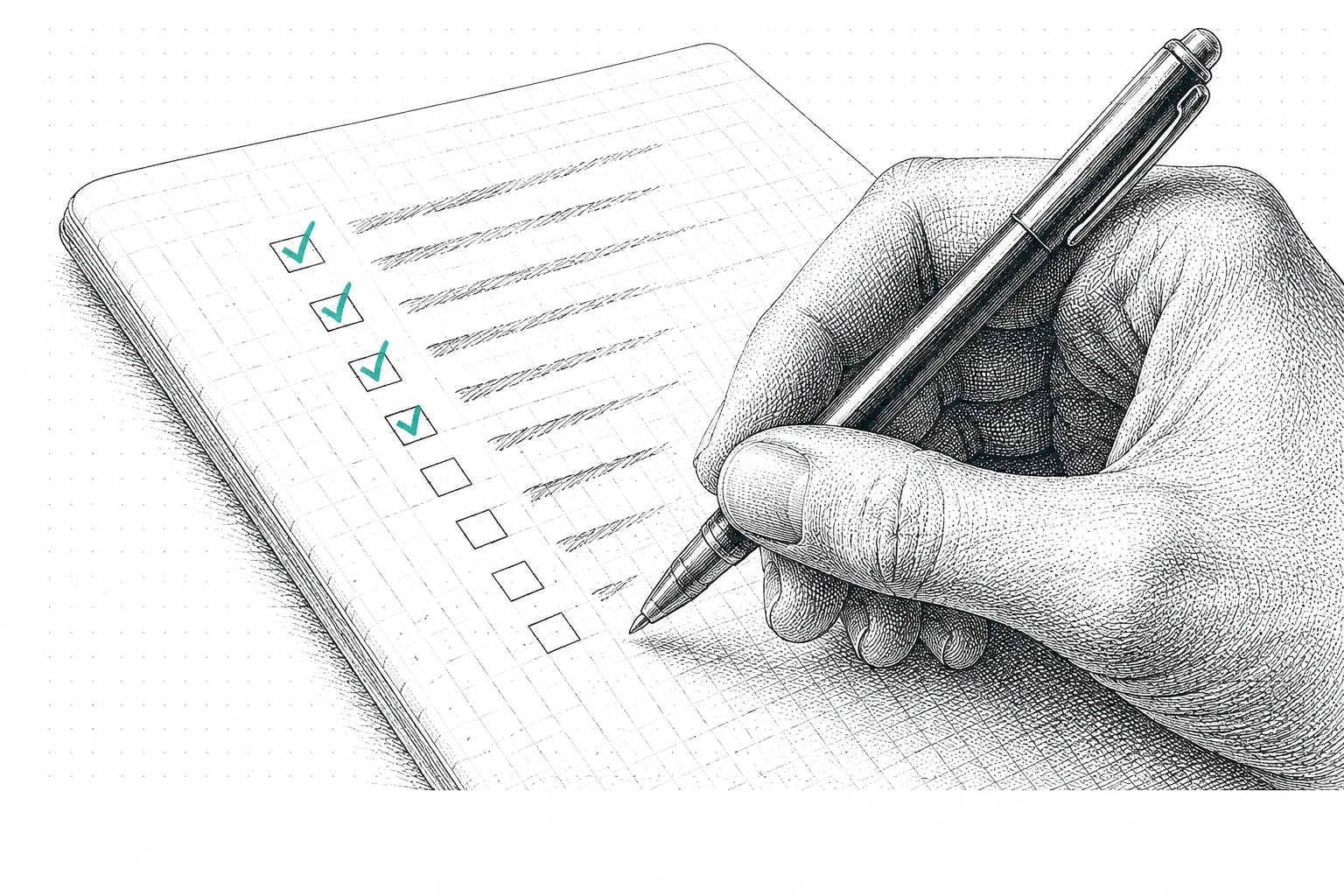 A hand holding a pen over a checklist with the first boxes ticked